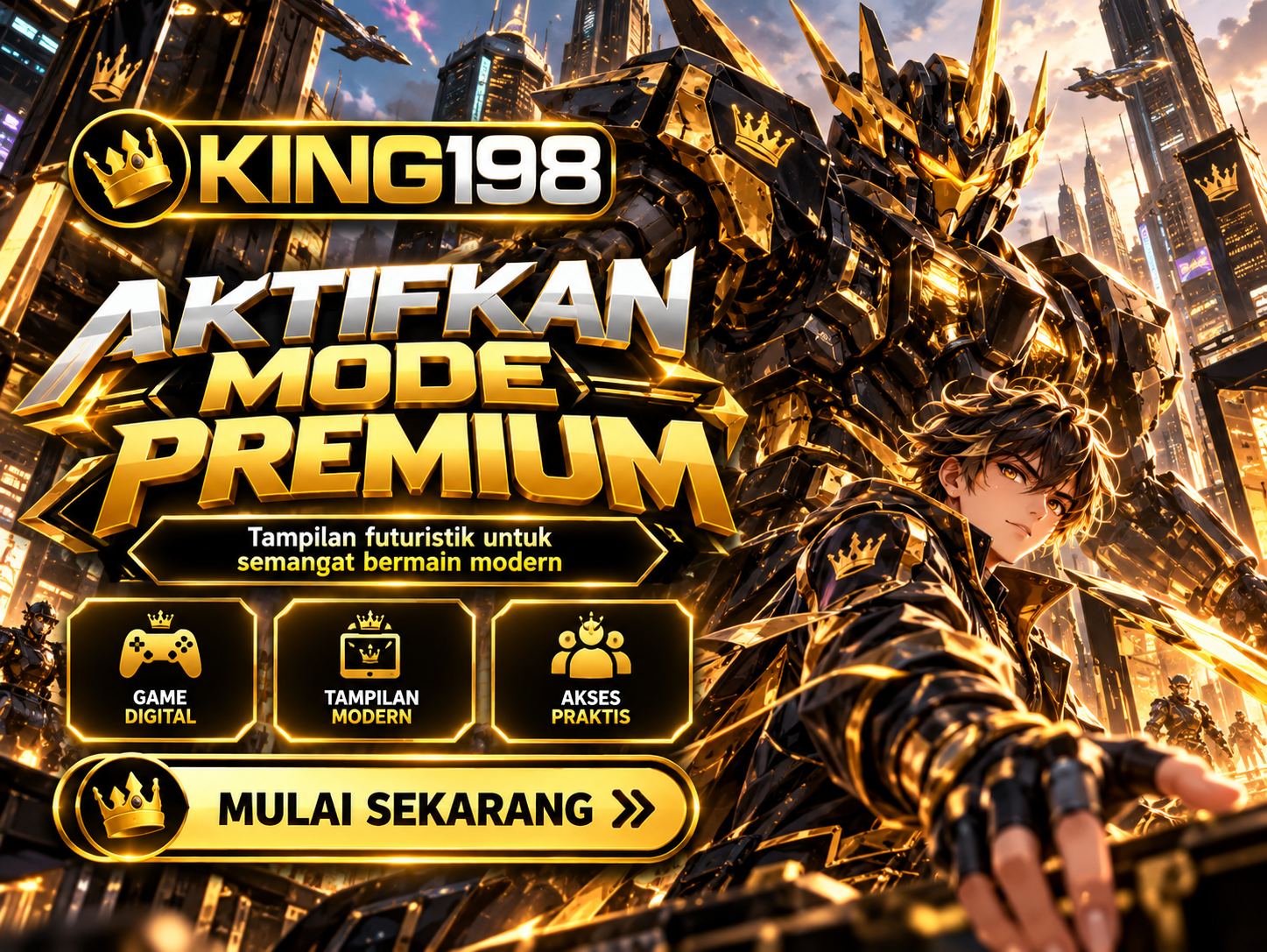 Banner KING198 anime mecha menampilkan robot raksasa berlapis armor hitam emas di kota futuristik.